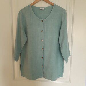 Hot Cotton Linen Scoop Neck Button Up Top with 3/4 Sleeves Blue Size S